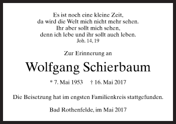 Traueranzeige von Wolfgang Schierbaum von Neue Osnabrücker Zeitung GmbH & Co. KG