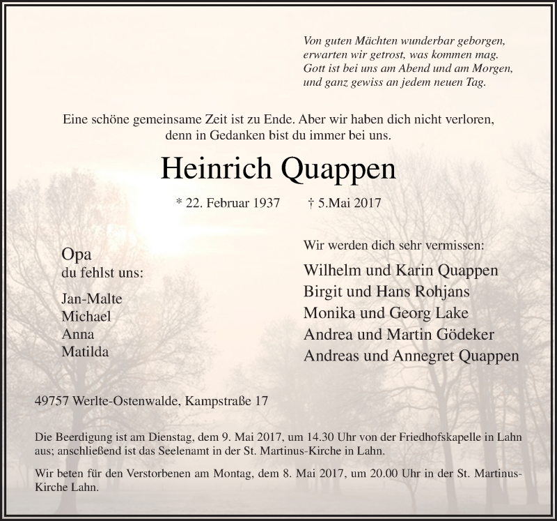  Traueranzeige für Heinrich Quappen vom 08.05.2017 aus Neue Osnabrücker Zeitung GmbH & Co. KG