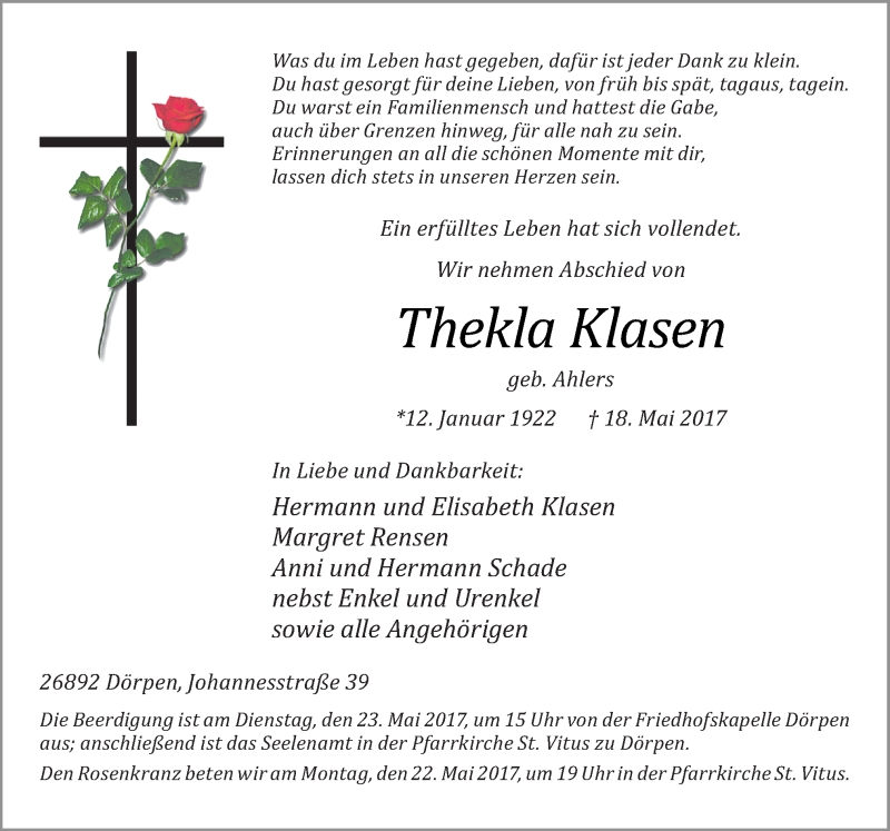  Traueranzeige für Thekla Klasen vom 20.05.2017 aus Neue Osnabrücker Zeitung GmbH & Co. KG