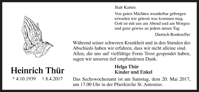  Traueranzeige für Heinrich Thür vom 18.05.2017 aus Neue Osnabrücker Zeitung GmbH & Co. KG