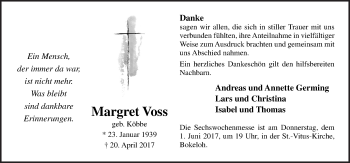 Traueranzeige von Margret Voss von Neue Osnabrücker Zeitung GmbH & Co. KG