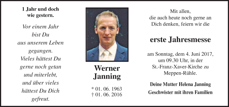  Traueranzeige für Werner Janning vom 31.05.2017 aus Neue Osnabrücker Zeitung GmbH & Co. KG