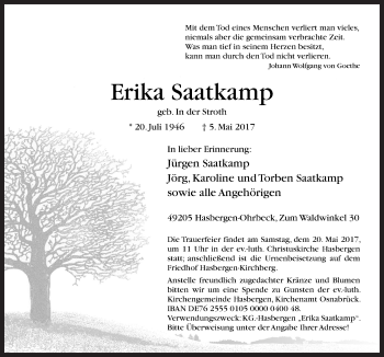 Traueranzeige von Erika Saatkamp von Neue Osnabrücker Zeitung GmbH & Co. KG