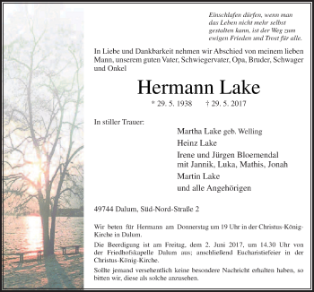 Traueranzeige von Hermann Lake von Neue Osnabrücker Zeitung GmbH & Co. KG