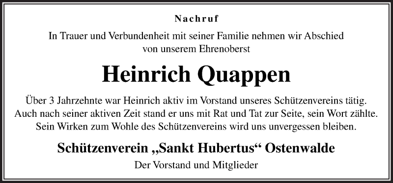  Traueranzeige für Heinrich Quappen vom 09.05.2017 aus Neue Osnabrücker Zeitung GmbH & Co. KG