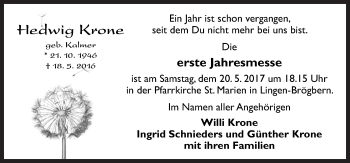 Traueranzeige von Hedwig Krone von Neue Osnabrücker Zeitung GmbH & Co. KG