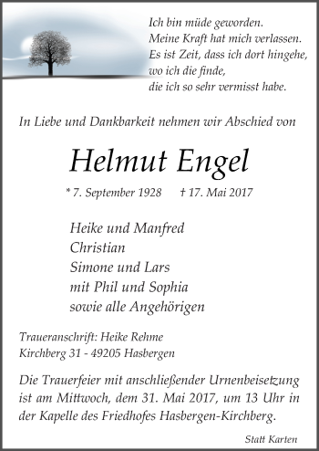 Traueranzeige von Helmut Engel von Neue Osnabrücker Zeitung GmbH & Co. KG