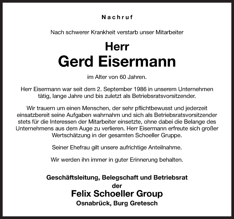  Traueranzeige für Gerd Eisermann vom 20.05.2017 aus Neue Osnabrücker Zeitung GmbH & Co. KG