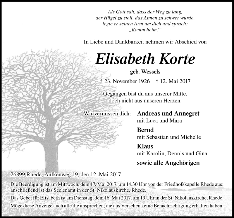  Traueranzeige für Elisabeth Korte vom 13.05.2017 aus Neue Osnabrücker Zeitung GmbH & Co. KG