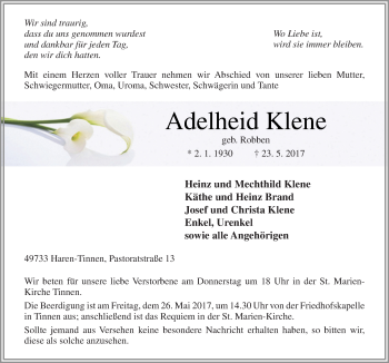 Traueranzeige von Adelheid Klene von Neue Osnabrücker Zeitung GmbH & Co. KG