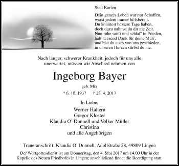 Traueranzeige von Ingeborg Bayer von Neue Osnabrücker Zeitung GmbH & Co. KG