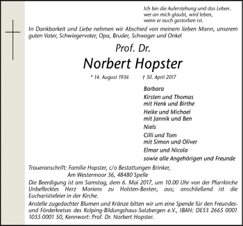 Traueranzeige von Norbert Hopster von Neue Osnabrücker Zeitung GmbH & Co. KG