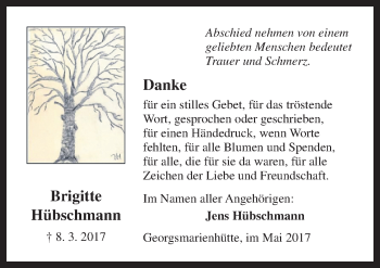 Traueranzeige von Brigitte Hübschmann von Neue Osnabrücker Zeitung GmbH & Co. KG