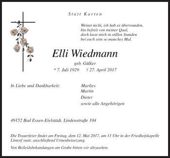 Traueranzeige von Elli Wiedmann von Neue Osnabrücker Zeitung GmbH & Co. KG