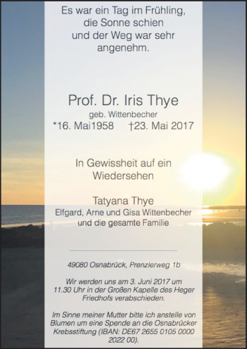 Traueranzeige von Iris Thye von Neue Osnabrücker Zeitung GmbH & Co. KG