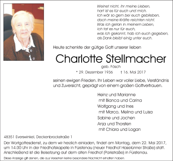 Traueranzeige von Charlotte Stellmacher von Neue Osnabrücker Zeitung GmbH & Co. KG