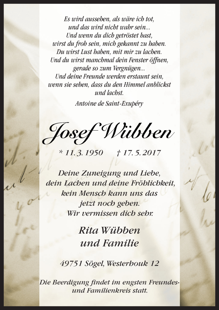  Traueranzeige für Josef Wübben vom 19.05.2017 aus Neue Osnabrücker Zeitung GmbH & Co. KG