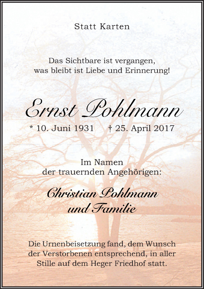  Traueranzeige für Ernst Pohlmann vom 15.05.2017 aus Neue Osnabrücker Zeitung GmbH & Co. KG