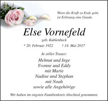 Traueranzeige von Else Vornefeld von Neue Osnabrücker Zeitung GmbH & Co. KG