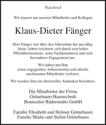 Traueranzeige von Klaus-Dieter Fänger von Neue Osnabrücker Zeitung GmbH & Co. KG