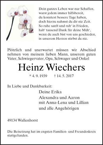 Traueranzeige von Heinz Wiechers von Neue Osnabrücker Zeitung GmbH & Co. KG