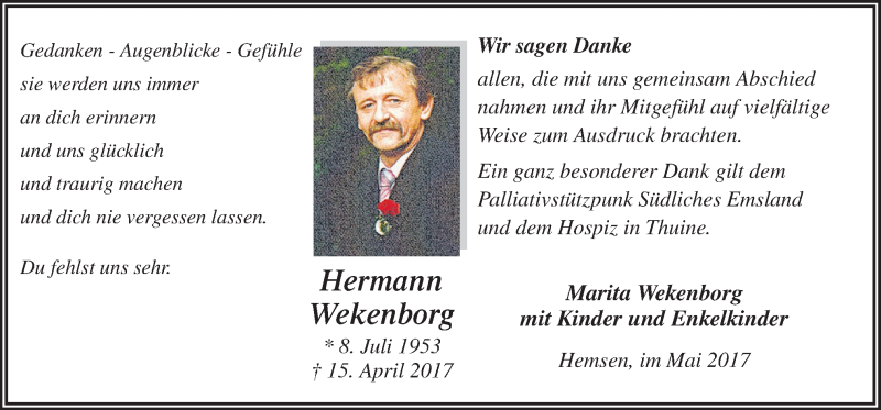  Traueranzeige für Hermann Wekenborg vom 20.05.2017 aus Neue Osnabrücker Zeitung GmbH & Co. KG