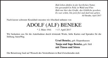 Traueranzeige von Adolf Beneke von Neue Osnabrücker Zeitung GmbH & Co. KG
