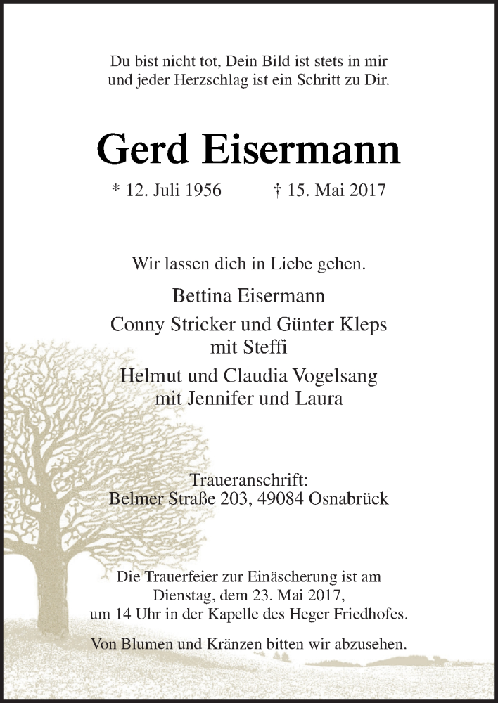  Traueranzeige für Gerd Eisermann vom 20.05.2017 aus Neue Osnabrücker Zeitung GmbH & Co. KG