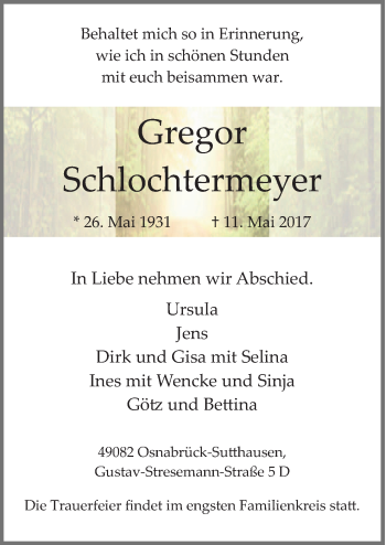 Traueranzeige von Gregor Schlochtermeyer von Neue Osnabrücker Zeitung GmbH & Co. KG