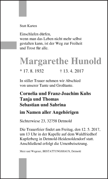 Traueranzeige von Margarethe Hunold von Neue Osnabrücker Zeitung GmbH & Co. KG