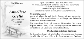 Traueranzeige von Anneliese Grelle von Neue Osnabrücker Zeitung GmbH & Co. KG