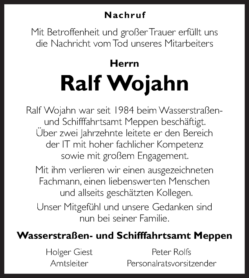  Traueranzeige für Ralf Wojahn vom 05.05.2017 aus Neue Osnabrücker Zeitung GmbH & Co. KG