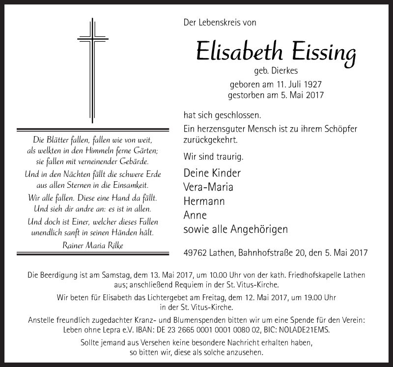  Traueranzeige für Elisabeth Eissing vom 09.05.2017 aus Neue Osnabrücker Zeitung GmbH & Co. KG