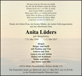 Traueranzeige von Anita Lüders von Neue Osnabrücker Zeitung GmbH & Co. KG