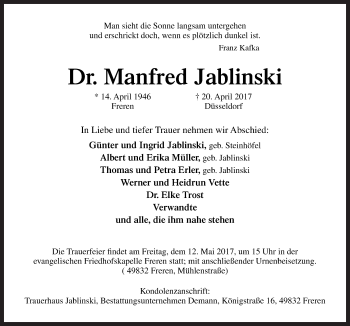 Traueranzeige von Manfred Jablinski von Neue Osnabrücker Zeitung GmbH & Co. KG