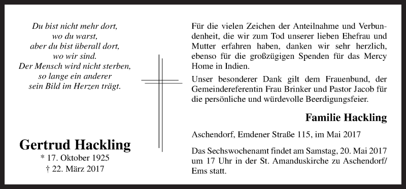  Traueranzeige für Gertrud Hackling vom 17.05.2017 aus Neue Osnabrücker Zeitung GmbH & Co. KG