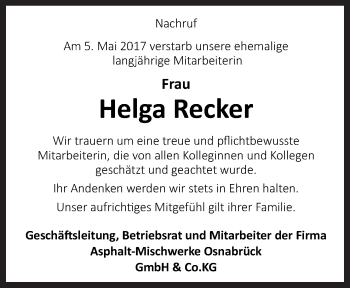 Traueranzeige von Helga Recker von Neue Osnabrücker Zeitung GmbH & Co. KG