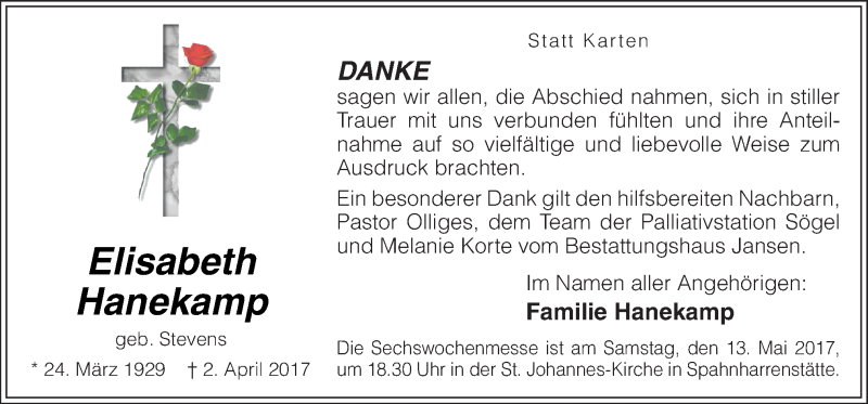  Traueranzeige für Elisabeth Hanekamp vom 10.05.2017 aus Neue Osnabrücker Zeitung GmbH & Co. KG