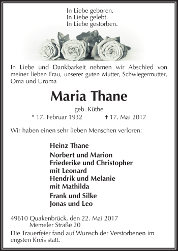 Traueranzeige von Maria Thane von Neue Osnabrücker Zeitung GmbH & Co. KG