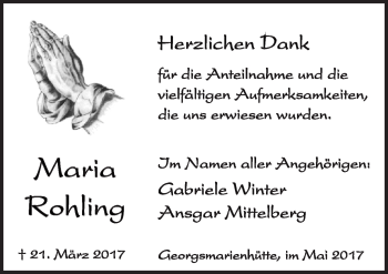 Traueranzeige von Maria Rohling von Neue Osnabrücker Zeitung GmbH & Co. KG