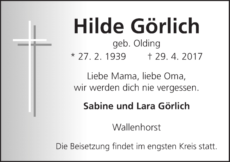  Traueranzeige für Hilde Görlich vom 03.05.2017 aus Neue Osnabrücker Zeitung GmbH & Co. KG
