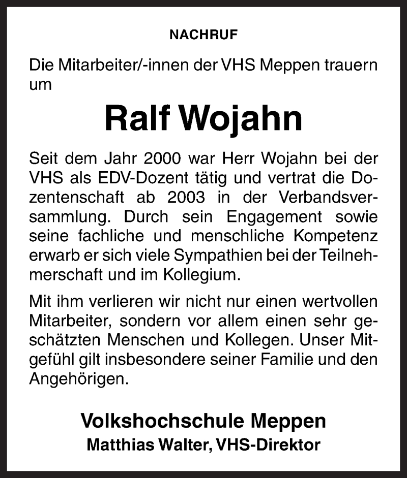  Traueranzeige für Ralf Wojahn vom 03.05.2017 aus Neue Osnabrücker Zeitung GmbH & Co. KG