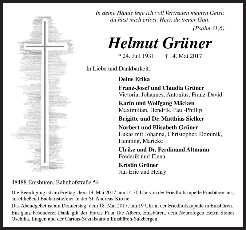  Traueranzeige für Helmut Grüner vom 16.05.2017 aus Neue Osnabrücker Zeitung GmbH & Co. KG