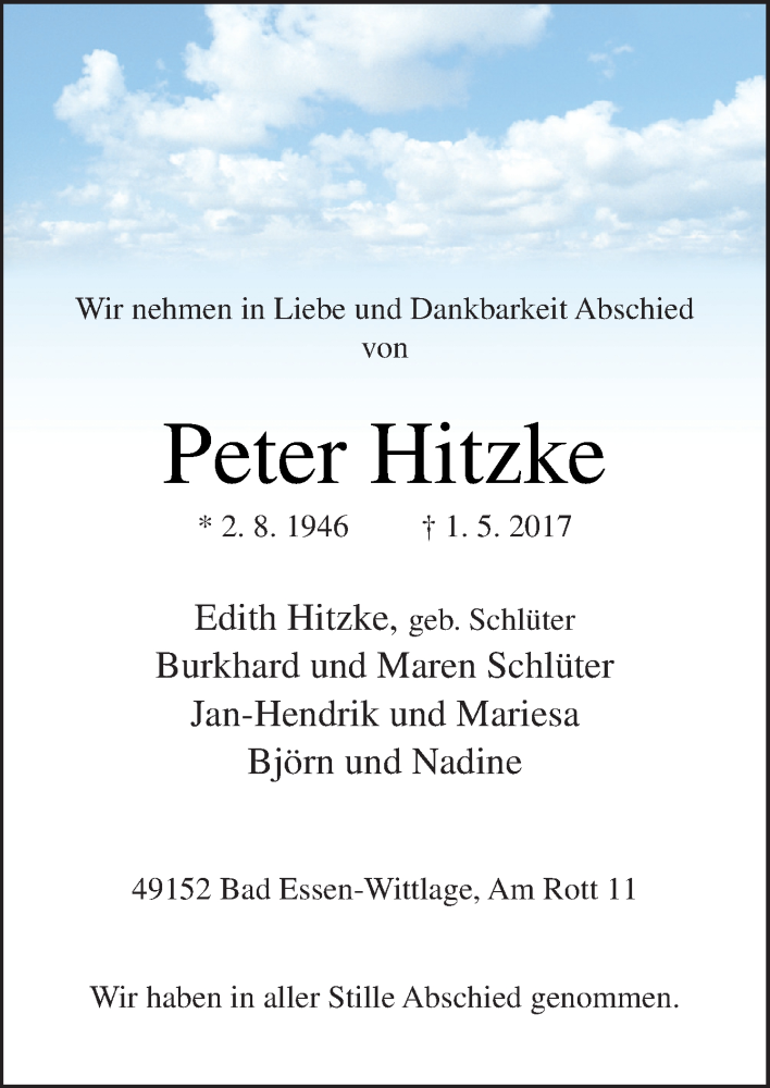  Traueranzeige für Peter Hitzke vom 13.05.2017 aus Neue Osnabrücker Zeitung GmbH & Co. KG