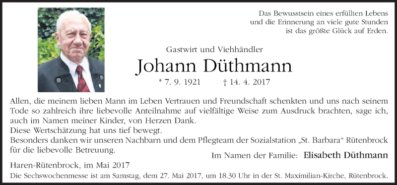  Traueranzeige für Johann Düthmann vom 24.05.2017 aus Neue Osnabrücker Zeitung GmbH & Co. KG