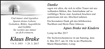 Traueranzeige von Klaus Brake von Neue Osnabrücker Zeitung GmbH & Co. KG