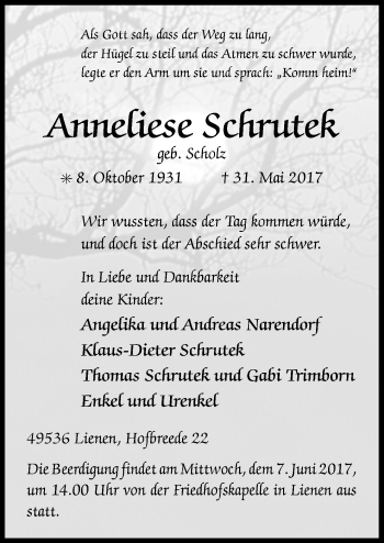 Traueranzeige von Anneliese Schrutek von Neue Osnabrücker Zeitung GmbH & Co. KG