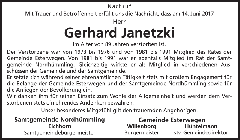 Traueranzeige für Gerhard Janetzki vom 17.06.2017 aus Neue Osnabrücker Zeitung GmbH & Co. KG