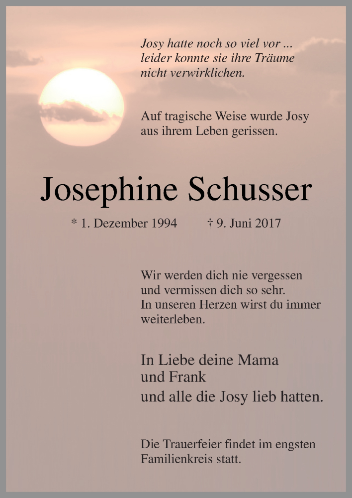  Traueranzeige für Josephine Schusser vom 17.06.2017 aus Neue Osnabrücker Zeitung GmbH & Co. KG