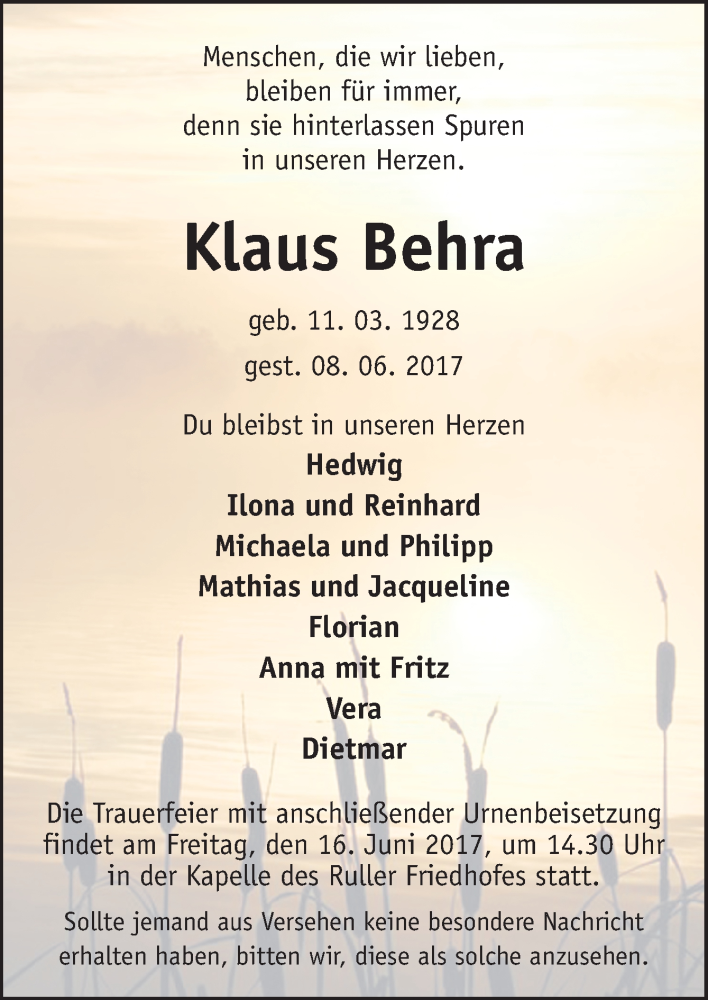  Traueranzeige für Klaus Behra vom 12.06.2017 aus Neue Osnabrücker Zeitung GmbH & Co. KG
